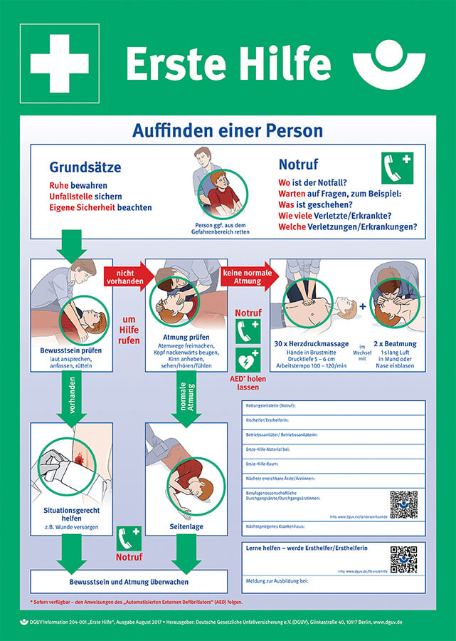 Aushang - Erste Hilfe »Anleitung zur Ersten Hilfe bei Unfällen