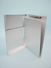Formularhalter mit Box, Aluminium,  seitlich öffnend, mit Halteklemme